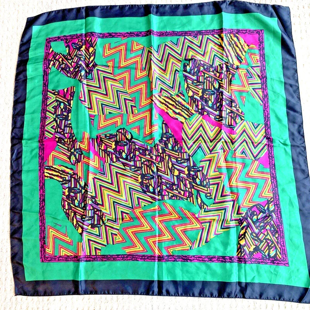 Colorful Silky Scarf Abstract Green Black Purple Yellow Print Large 34” Square